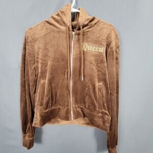 Brown Velour Rhinestone Queen Zip Hoodie Medium Soft Y2K Glam Retro Streetwear